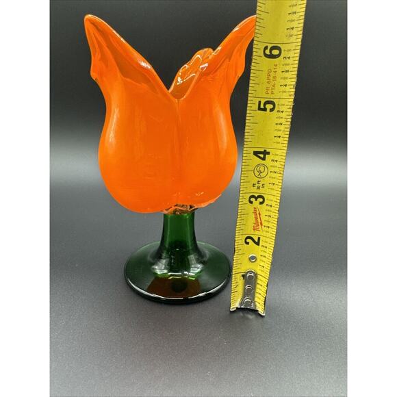 Blown Glass Tulip Flower Sculpture Candleholder Orange-Colored 7" Green Stem - Picture 8 of 8